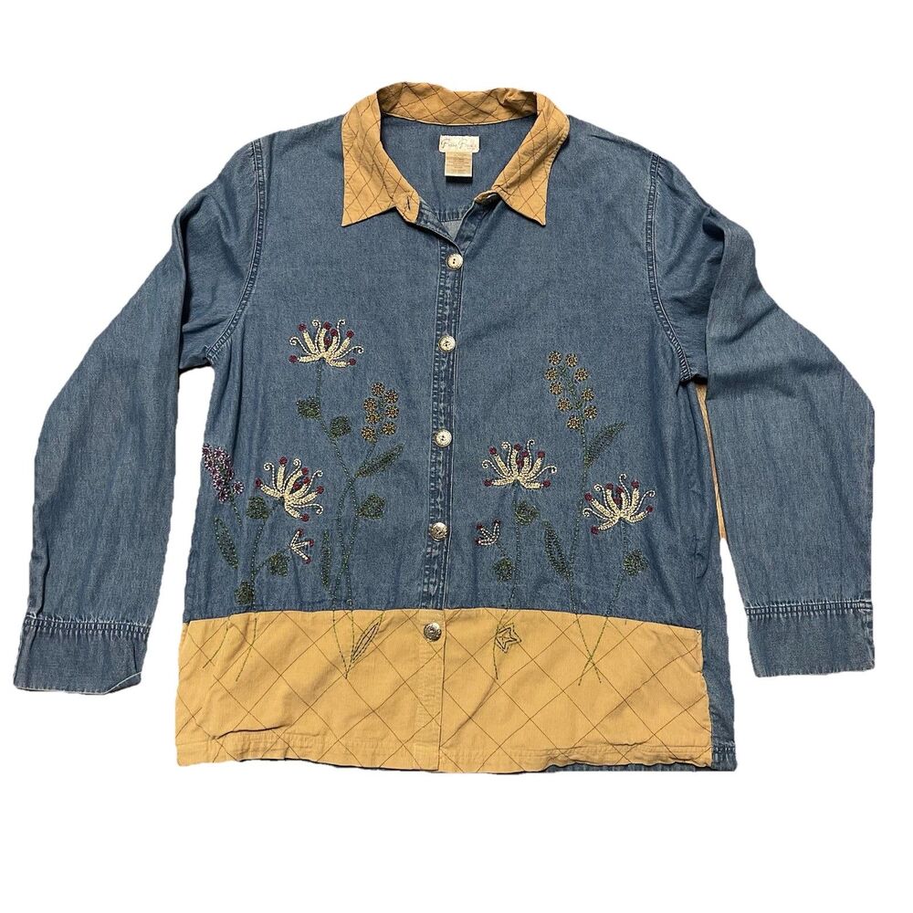 Bobbie Brooks Womens Denim Jacket Size 18w/20w Floral Embroidery Patchwork Denim